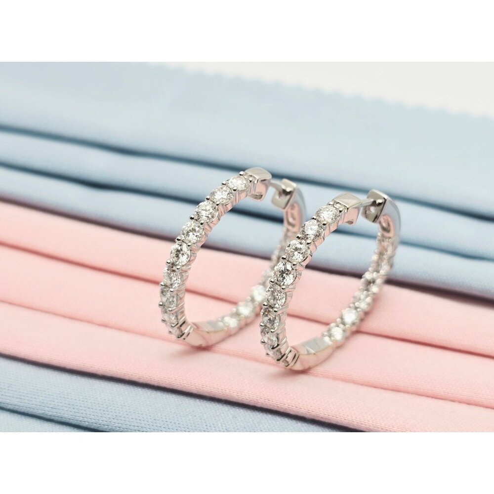 Unique 14K Karat Solid White Gold Designer Double Diamond Round Hoop Earrings